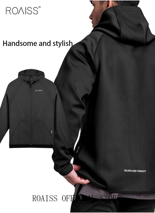 roaiss Men's Zipper up Hooded Sweatshirt with Pockets Fall Winter Clothing for Men Sportswear Men Casual Outerwear Activewear Loose Sweatshirt Jacket Plus Size Solid Color Coat Black  - Image 1
