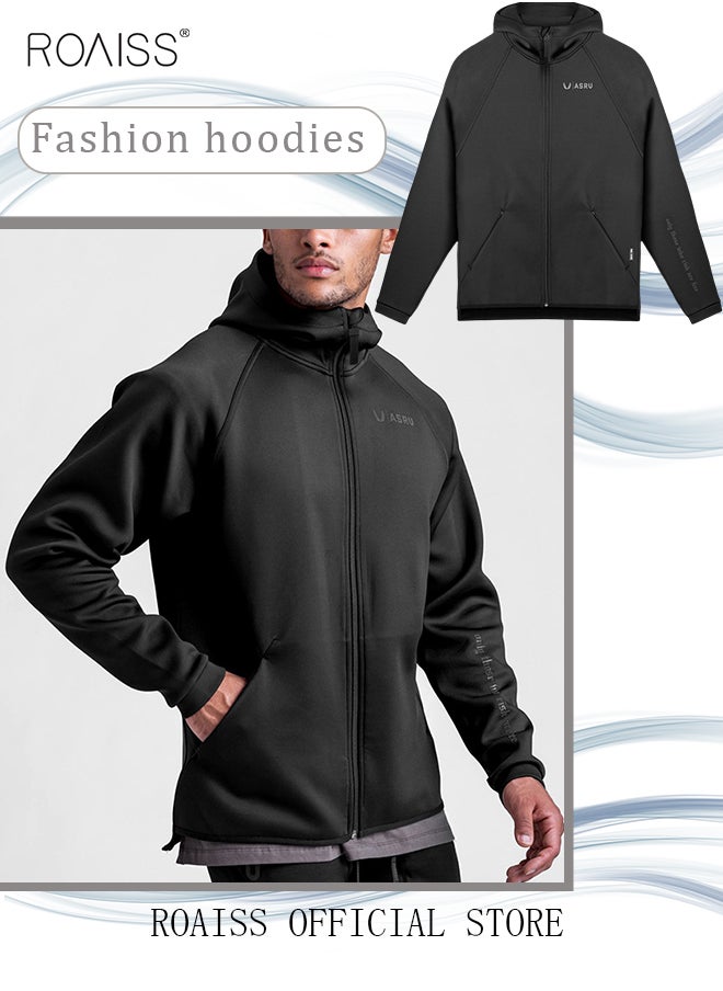 roaiss Men's Zipper up Hooded Sweatshirt with Pockets Fall Winter Clothing for Men Sportswear Men Casual Outerwear Activewear Loose Sweatshirt Jacket Plus Size Solid Color Coat Black  - Image 3