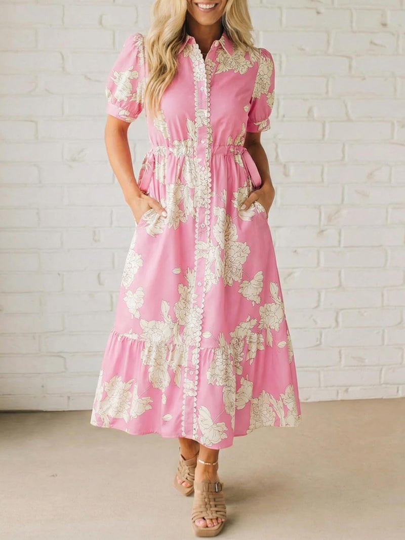 Wenrine Womens Casual Shirt Dress Floral Collared Short Sleeve Button Down Drawstring Waist Loose Summer Maxi Dresses Pink - Image 2
