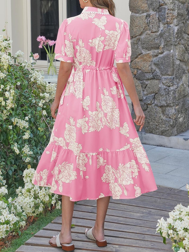 Wenrine Womens Casual Shirt Dress Floral Collared Short Sleeve Button Down Drawstring Waist Loose Summer Maxi Dresses Pink - Image 5
