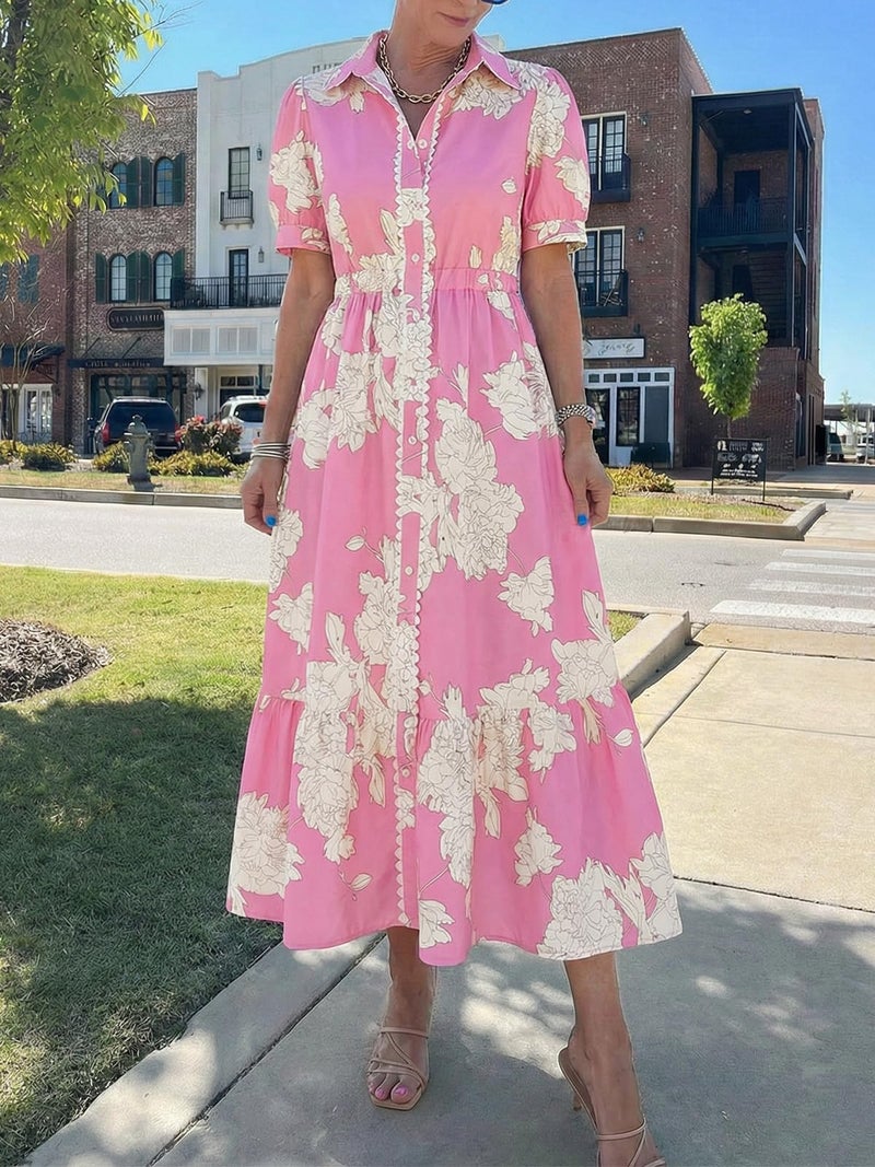 Wenrine Womens Casual Shirt Dress Floral Collared Short Sleeve Button Down Drawstring Waist Loose Summer Maxi Dresses Pink - Image 3