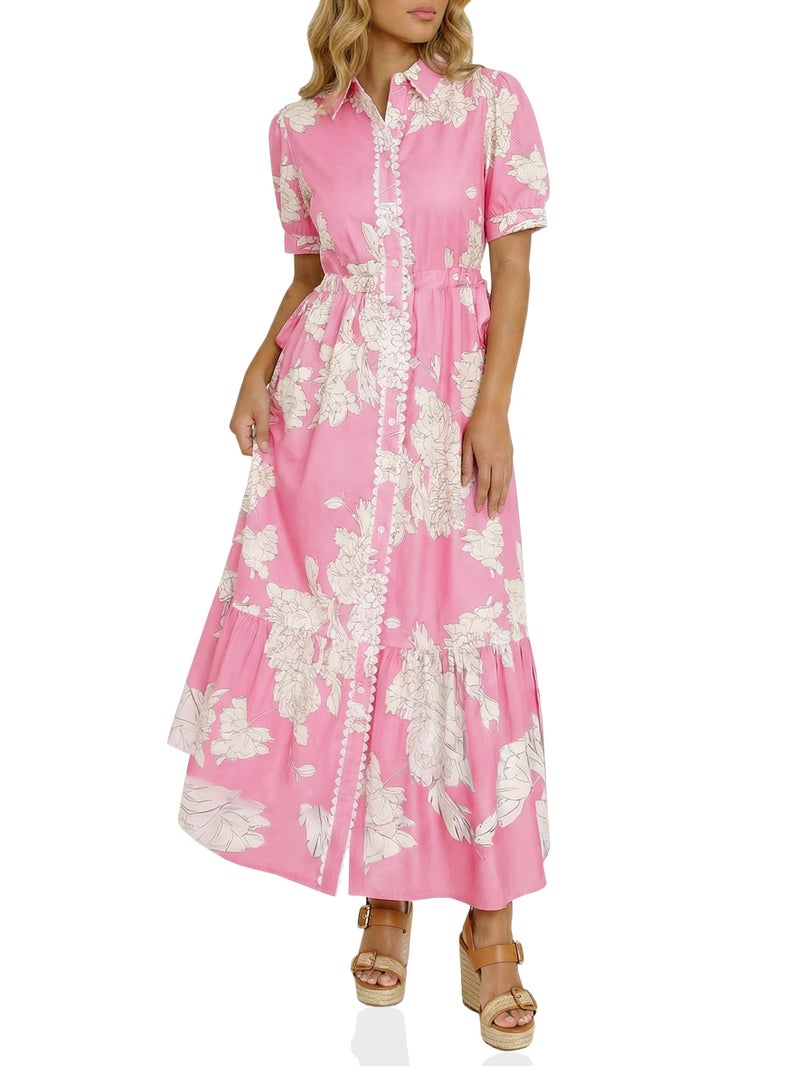 Wenrine Womens Casual Shirt Dress Floral Collared Short Sleeve Button Down Drawstring Waist Loose Summer Maxi Dresses Pink - Image 1