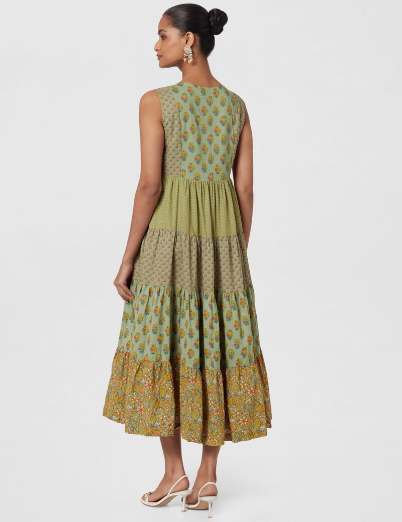 BIBA Women Fit and Flare Printed Tiered Below The Knee Dress(Summerd18070_Green_3XL) - Image 3