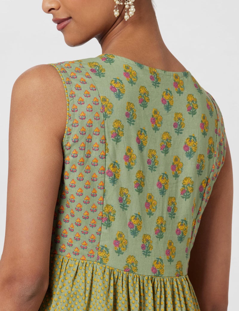 BIBA Women Fit and Flare Printed Tiered Below The Knee Dress(Summerd18070_Green_3XL) - Image 5