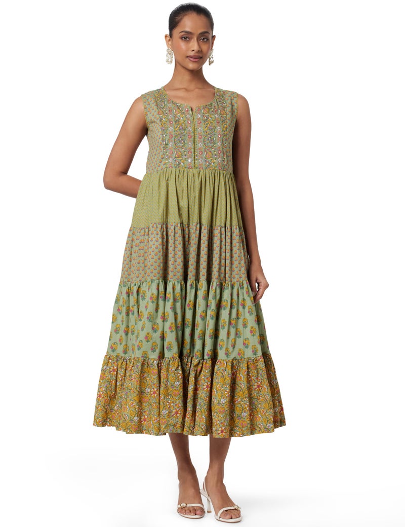 BIBA Women Fit and Flare Printed Tiered Below The Knee Dress(Summerd18070_Green_3XL) - Image 1