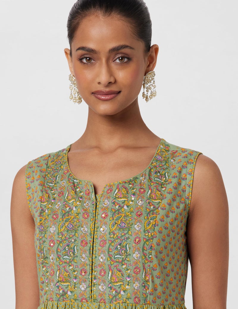 BIBA Women Fit and Flare Printed Tiered Below The Knee Dress(Summerd18070_Green_3XL) - Image 4