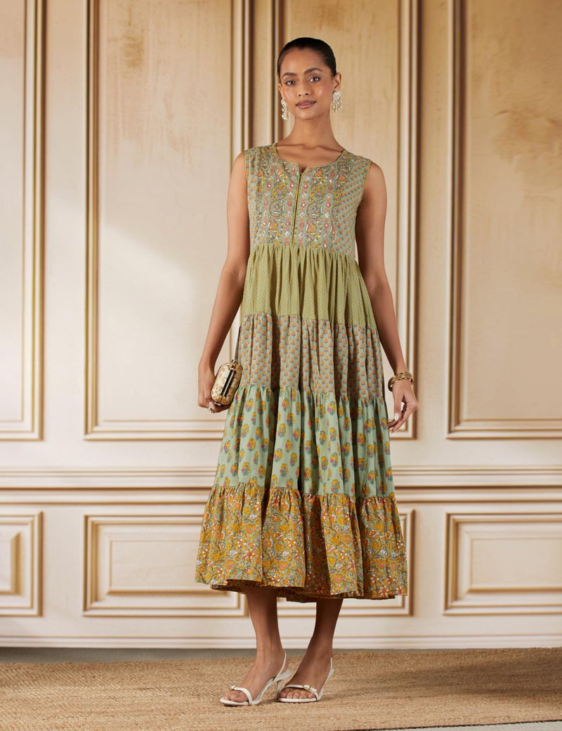BIBA Women Fit and Flare Printed Tiered Below The Knee Dress(Summerd18070_Green_3XL) - Image 2