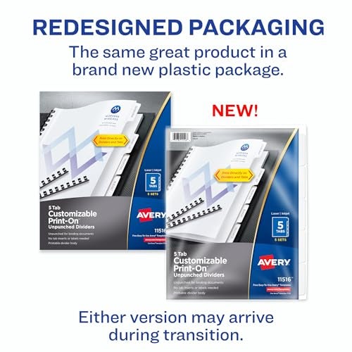 Avery Unpunched Customizable Print-On Dividers for Use with Custom Binding Systems or 3 Ring Binders, 5-Tab Set, 5 Sets (11516) - Image 2