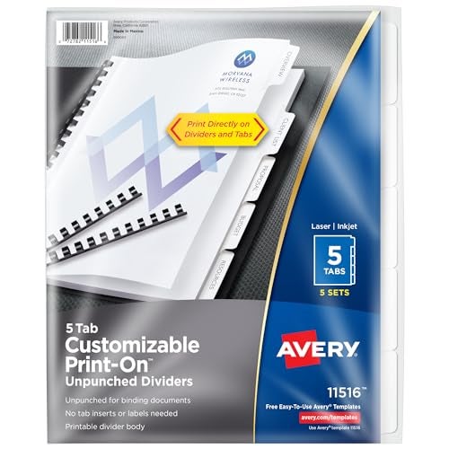 Avery Unpunched Customizable Print-On Dividers for Use with Custom Binding Systems or 3 Ring Binders, 5-Tab Set, 5 Sets (11516) - Image 1
