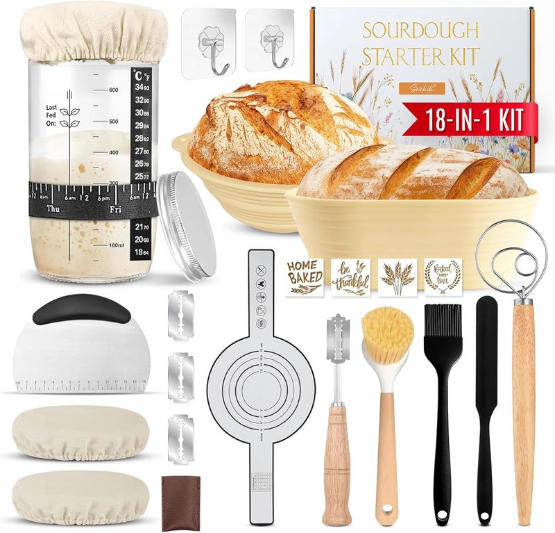 SWAKIK18 Plus Sourdough Starter Kit Set Sourdough Bread Baking Supplies Great Gift Beginners Bread Makers 24oz Fermentation Jar 9" and 10" Silicone Banneton Bread Proofing Basket, Dough Whisk - Image 1