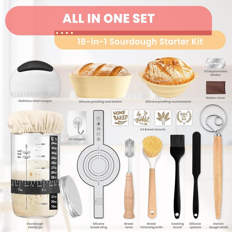 SWAKIK18 Plus Sourdough Starter Kit Set Sourdough Bread Baking Supplies Great Gift Beginners Bread Makers 24oz Fermentation Jar 9" and 10" Silicone Banneton Bread Proofing Basket, Dough Whisk - Image 3
