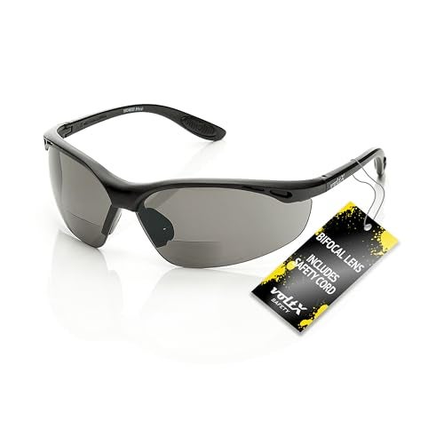 voltX 'CONSTRUCTOR' BIFOCAL Reading Safety Glasses (SMOKE/GRAY +2.0 Dioptre) ANSI Z87.1+ & CE EN166F, certified/Cycling Sports Glasses includes safety cord + UV400 anti fog coated lens - Image 1