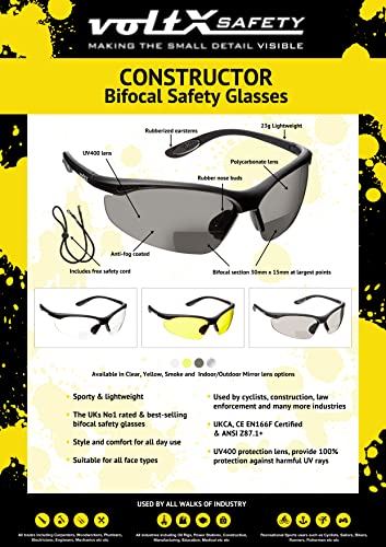 voltX 'CONSTRUCTOR' BIFOCAL Reading Safety Glasses (SMOKE/GRAY +2.0 Dioptre) ANSI Z87.1+ & CE EN166F, certified/Cycling Sports Glasses includes safety cord + UV400 anti fog coated lens - Image 2