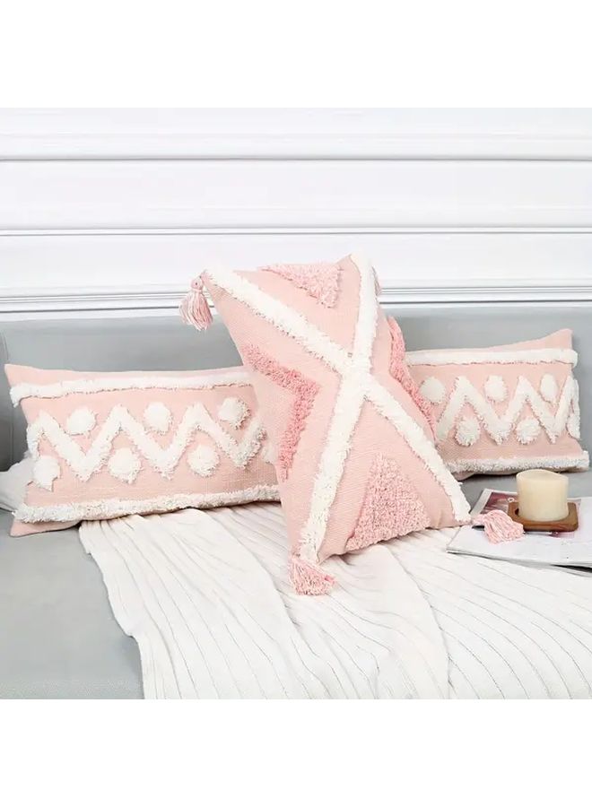 Geometric Tufted Polyester Pillow Cover With Tassels Size 18x18 Inch Pink White - Image 2