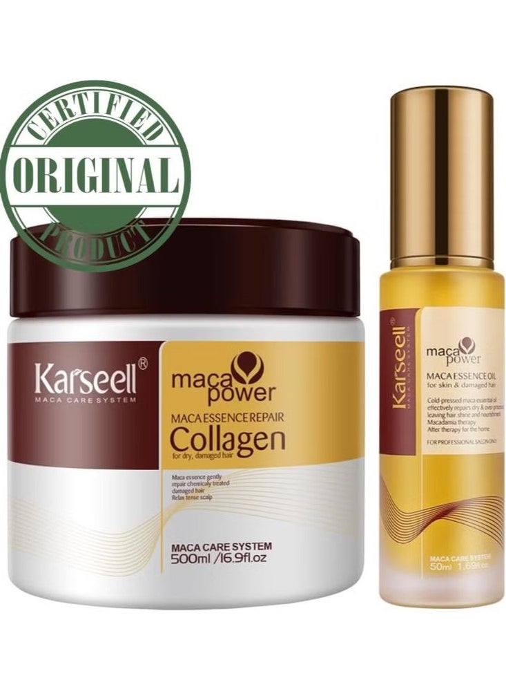 Karseell Karseell Collagen Hair Treatment - Deep Repair Mask 500ml - Argan Oil Hair Serum for Dry Damaged Hair 50ml - All Hair Types  - Image 1