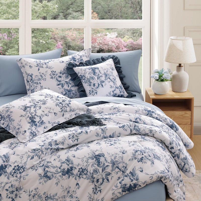 BLOOMHAVEN Full Comforter Set -7 Pieces Floral Blue Comforter Set for All Seasons, Bed in a Bag Full with Botanical Flowers Comforter, Sheets, Pillowcases & Shams - Image 3