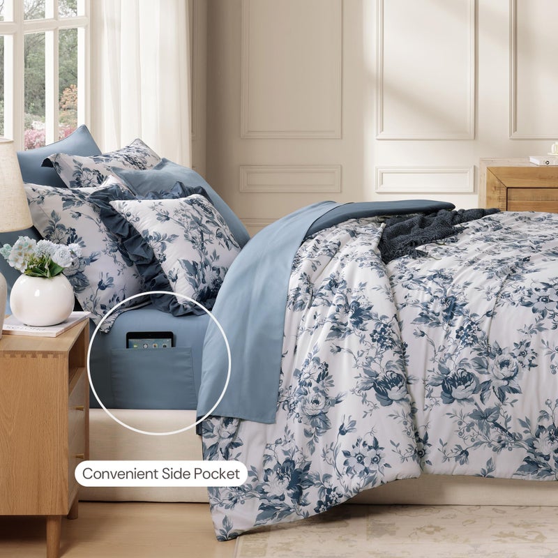 BLOOMHAVEN Full Comforter Set -7 Pieces Floral Blue Comforter Set for All Seasons, Bed in a Bag Full with Botanical Flowers Comforter, Sheets, Pillowcases & Shams - Image 4