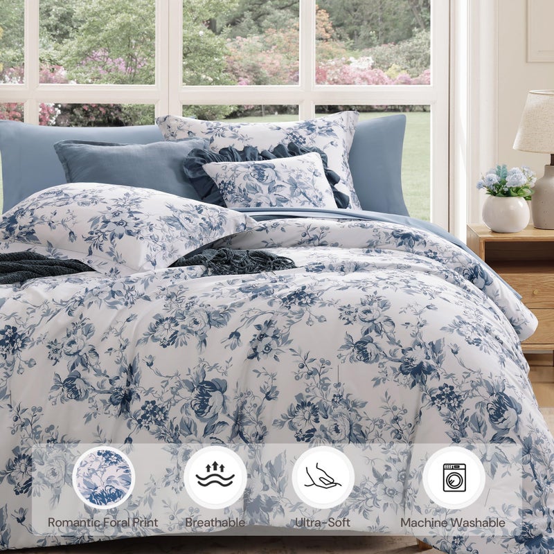 BLOOMHAVEN Full Comforter Set -7 Pieces Floral Blue Comforter Set for All Seasons, Bed in a Bag Full with Botanical Flowers Comforter, Sheets, Pillowcases & Shams - Image 5
