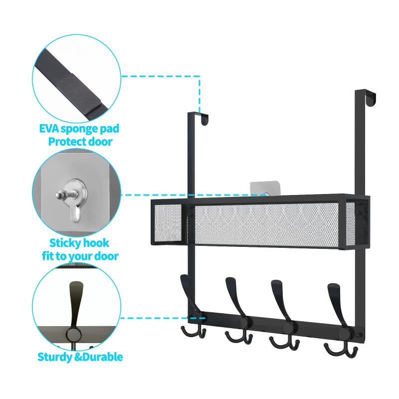 Kaiferty Over The Door Hooks Organizer,Over Door Hanger Towel Rack Mesh Basket with 12 Hooks,Back of Door Storage Organizer for Bedroom,Bathroom,Kitchen,Office(Black) - Image 5