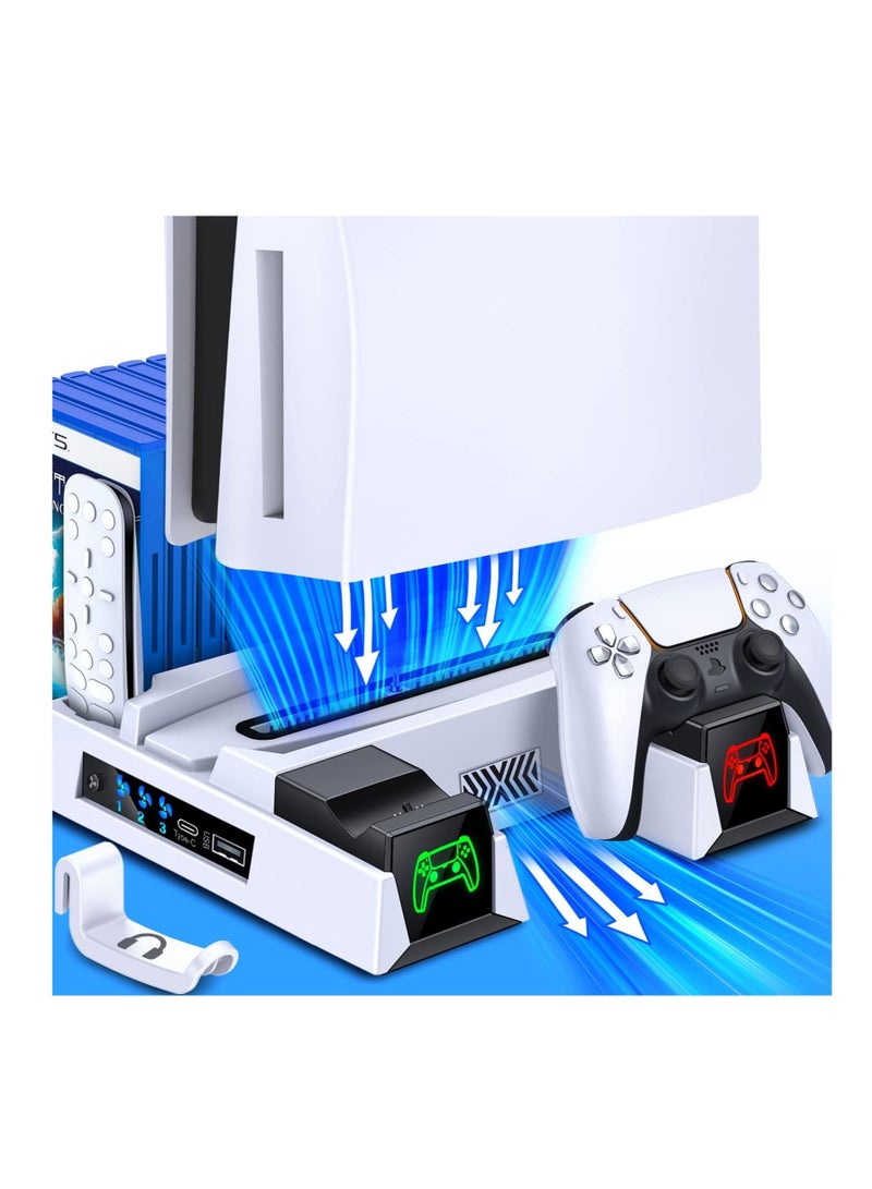 كابتن تيك حامل PS5 ،  مع محطة شحن وحدة التحكم ومحطة تبريد لجهاز PS 5 ، الإصدار الرقمي وإصدار القرص ، شاحن مزدوج ، محطة الإرساء ، 3 سرعات مروحة التبريد ، فتحات الألعاب ، أبيض - Image 1