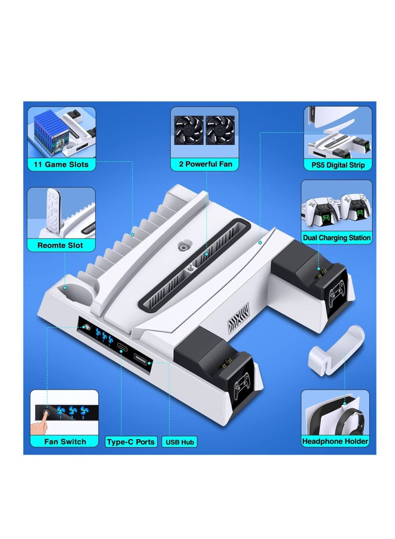 كابتن تيك حامل PS5 ،  مع محطة شحن وحدة التحكم ومحطة تبريد لجهاز PS 5 ، الإصدار الرقمي وإصدار القرص ، شاحن مزدوج ، محطة الإرساء ، 3 سرعات مروحة التبريد ، فتحات الألعاب ، أبيض - Image 3