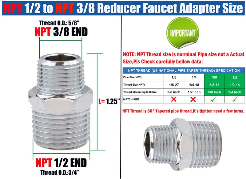 WHK Brass Pipe Fitting, 2 PCS 3/8" Male NPT to 1/2" Male NPT + 2 PCS G 1/2" Female to G 3/8" Male Reduce Adapter RV Water Faucet Adapter Fittings for Plumbing Supply Lines (Chrome) - Image 2