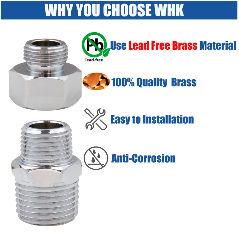 WHK Brass Pipe Fitting, 2 PCS 3/8" Male NPT to 1/2" Male NPT + 2 PCS G 1/2" Female to G 3/8" Male Reduce Adapter RV Water Faucet Adapter Fittings for Plumbing Supply Lines (Chrome) - Image 5