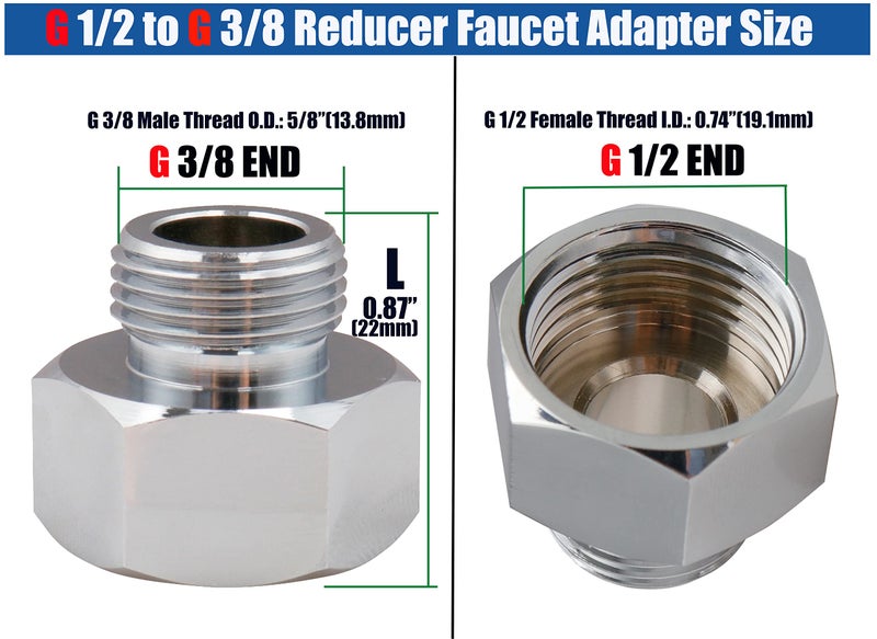 WHK Brass Pipe Fitting, 2 PCS 3/8" Male NPT to 1/2" Male NPT + 2 PCS G 1/2" Female to G 3/8" Male Reduce Adapter RV Water Faucet Adapter Fittings for Plumbing Supply Lines (Chrome) - Image 3