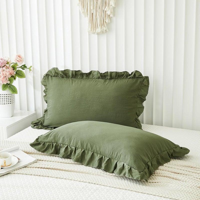 Merryword Olive Green Pillow Shams Standard Pillowcases 20x26inch Dark Green Ruffle Cute Pillow Cover Set of 2 Shabby Chic Soft Microfiber - Image 1