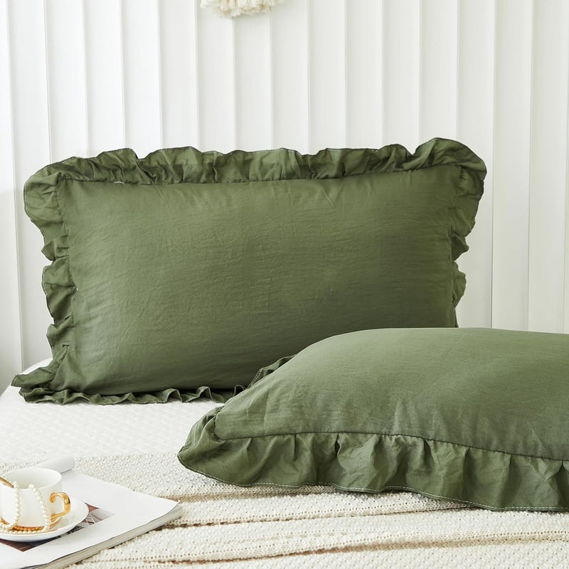 Merryword Olive Green Pillow Shams Standard Pillowcases 20x26inch Dark Green Ruffle Cute Pillow Cover Set of 2 Shabby Chic Soft Microfiber - Image 3