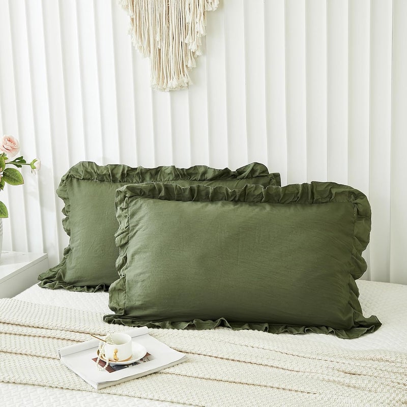 Merryword Olive Green Pillow Shams Standard Pillowcases 20x26inch Dark Green Ruffle Cute Pillow Cover Set of 2 Shabby Chic Soft Microfiber - Image 5