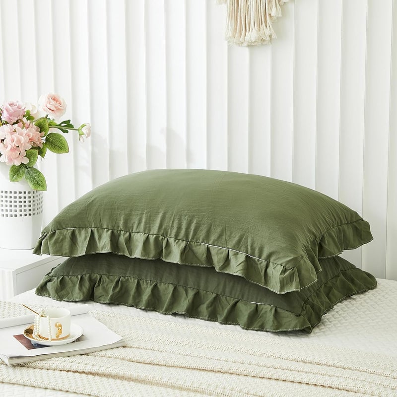 Merryword Olive Green Pillow Shams Standard Pillowcases 20x26inch Dark Green Ruffle Cute Pillow Cover Set of 2 Shabby Chic Soft Microfiber - Image 2