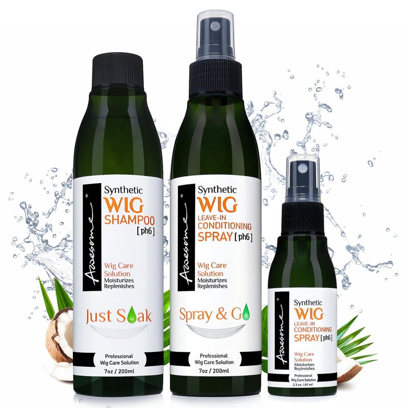 Awesome Synthetic Wig Shampoo & Leave in Conditioner Spray, pH6, Replenishes & Easy Combing, Contains Coconut Oil (Premium Set of 3) - Image 1