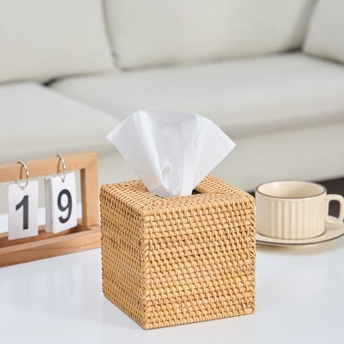 Kmelep Hand-Woven Rattan Tissue Box Cover, Square Wicker Tissue Holder, Natural Woven Facial Napkin Holder - Image 3