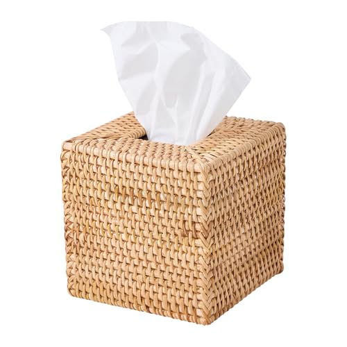 Kmelep Hand-Woven Rattan Tissue Box Cover, Square Wicker Tissue Holder, Natural Woven Facial Napkin Holder - Image 1
