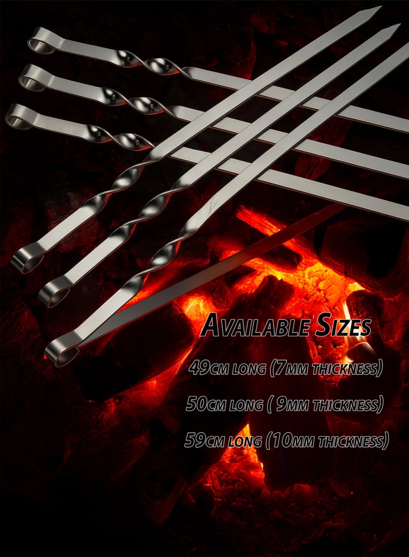 Toshionics 6 PCS Stainless Steel BBQ Skewers Set – Flat & Twisted Reusable Kebab Sticks with Heat-Insulated Handle & Hanging Loop – Heavy Duty Meat & Vegetable Grill Skewers for BBQ, Camping, Picnic and Party  – 50 cm long × 9 mm thick - Image 5