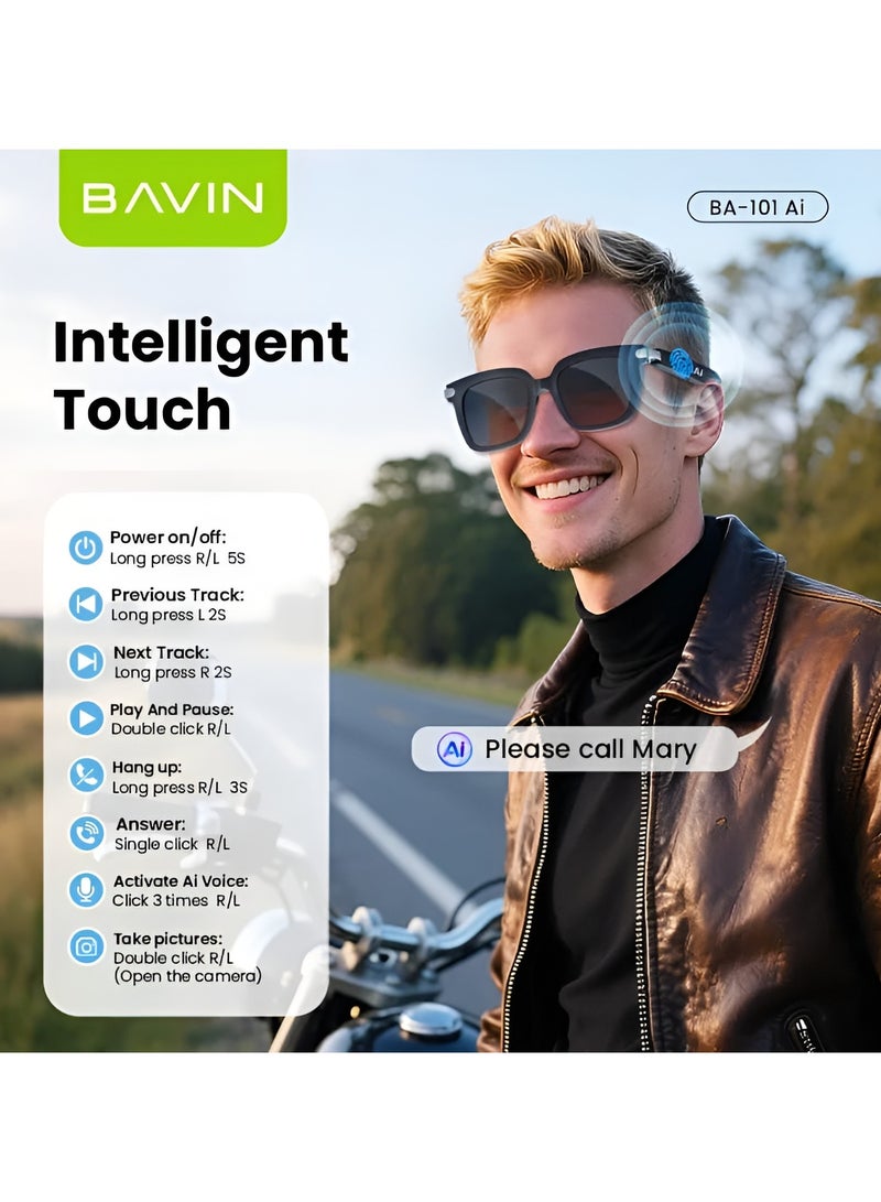 Bavin BA101 Ai Smart Translation Sunglasses Bluetooth 5.4 w/ 130+ Languages, Open-Ear Hi-Fi Sound, Touch Control & UV Protection - Image 3