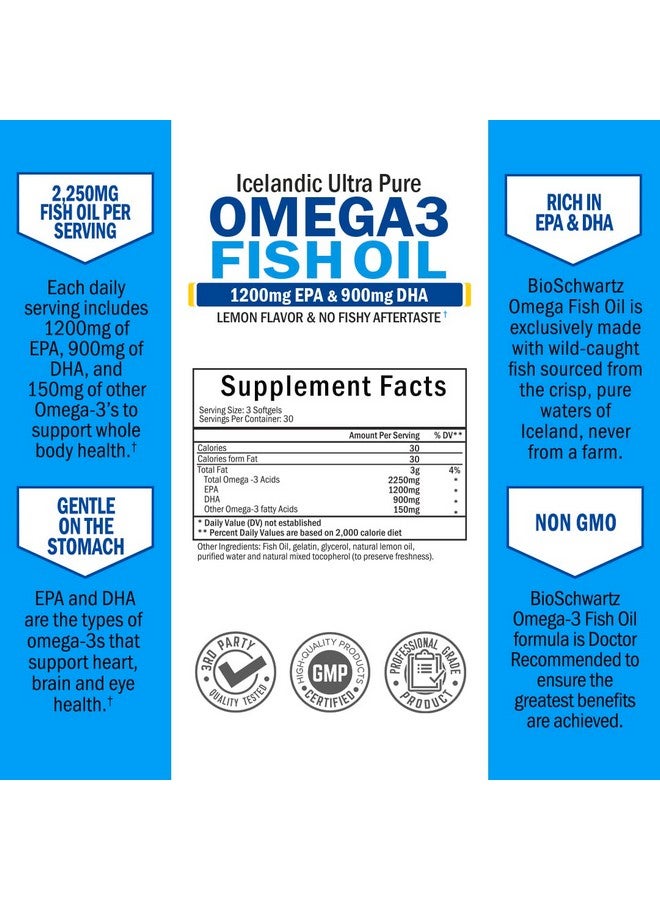 BioSchwartz مكمل زيت السمك أوميغا 3 1200 ملغ EPA و 900 ملغ DHA للأحماض الدهنية لكل حصة من أسماك الصيد البري يدعم صحة المفاصل والعينين والدماغ والبشرة بنكهة الليمون بدون تجشؤ خالي من الغلوتين 90 كبسولة لينة - Image 5