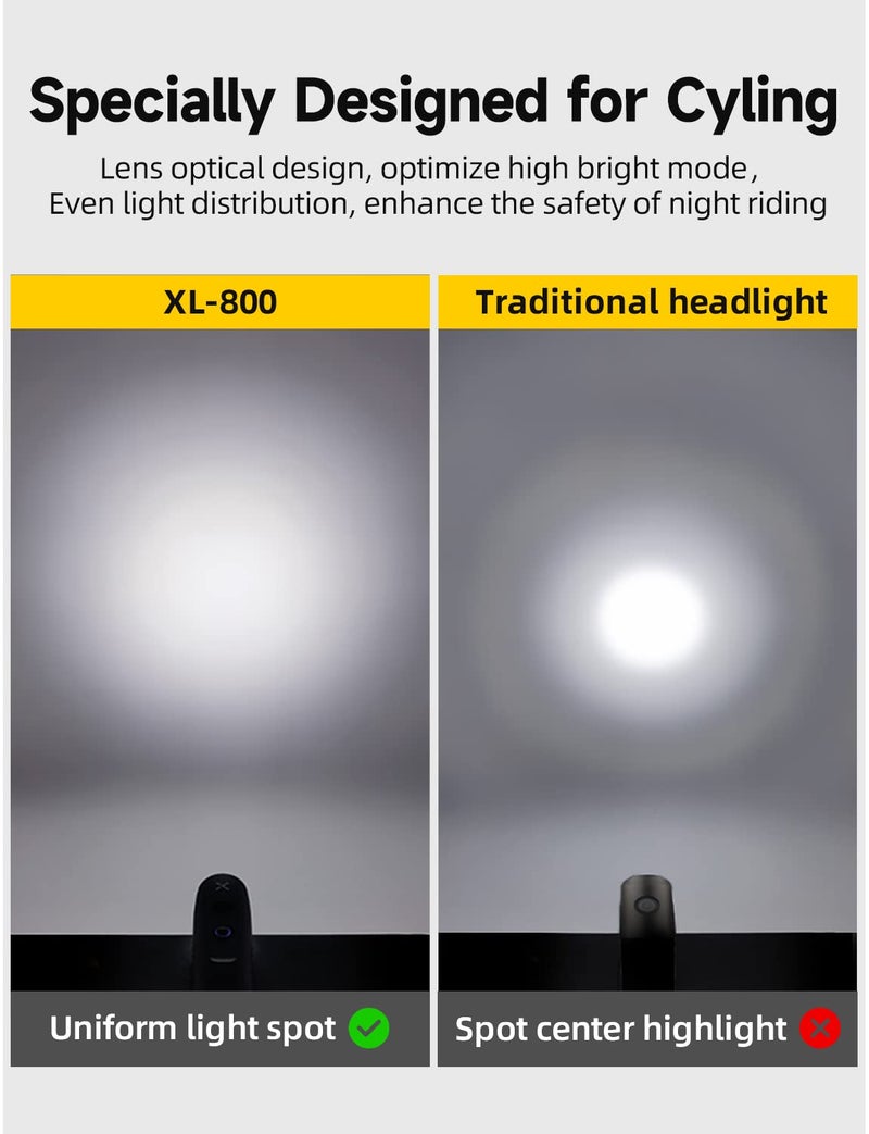 XOSS XL-800 Bike Headlight, 800 Lumens USB-C Rechargeable Bicycle Lights for Night Riding, Waterproof LED Road Bike Light with 5 Modes, Front Light Easy to Install - Image 3