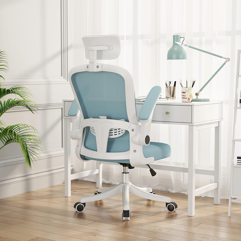 MOZOGOT Ergonomic Office Chair with Lumbar Support & Headrest & Flip-up Arms Height Adjustable Rocking Home Office Desk Chairs for Teens and Adults (Blue Mesh) - Image 1