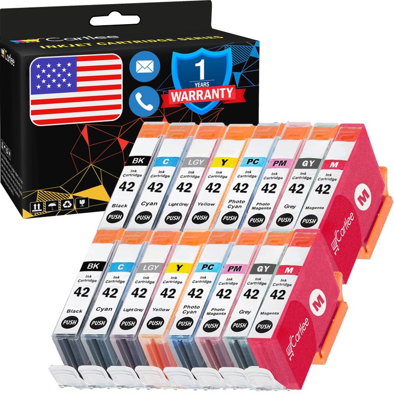 Cartlee Compatible Ink Cartridges Replacement for Canon CLI42 PIXMA PRO100 Pro100 100 100S CLI 42 16 Pack High Yield 2 Black 2 Cyan 2 Magenta 2 Yellow 2 PC 2 Photo M 2 Gray 2 Light Gray