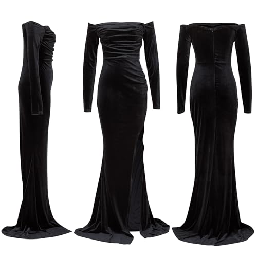 Vakkest Women Off The Shoulder Formal Dresses Long Sleeve Evening Party Velvet Maxi Dress High Split Cocktail Gowns Black - Image 4