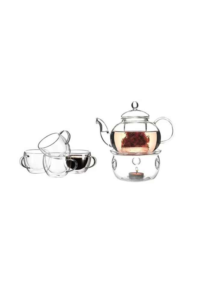Goldedge - Tea Pot Set With Cups And Burner Clear 600ml - Image 1