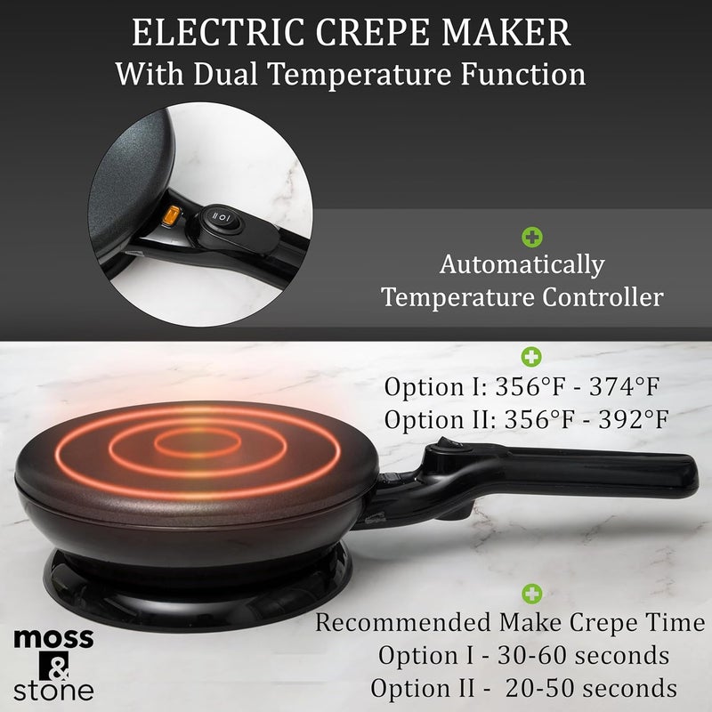 Moss & Stone Cordless Electric Crepe Maker With Auto Power Off, On/Off Switch & Dual Temperature Setting, 8 Inch Portable Crepe Maker & Non-Stick Dipping Plate, Nonstick Coating Pan - Image 2