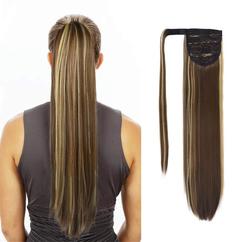 SEIKEA Clip in Ponytail Extension Wrap Around Straight Hair for Women 28 BrownAsh Blonde Mix