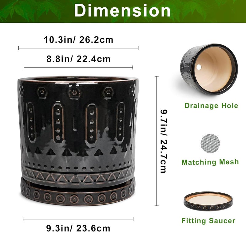 Eightpot Ceramic Planter for Indoor Plants - 10 Inch Plant Pots with Drainage Hole and Saucer, Round Decorative Flower Pots Outdoor, Boho Large Planter, Room Decor, House Warming Gifts, Black - Image 3
