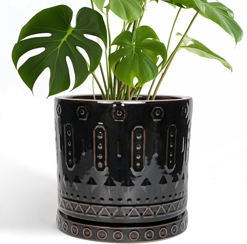 Eightpot Ceramic Planter for Indoor Plants - 10 Inch Plant Pots with Drainage Hole and Saucer, Round Decorative Flower Pots Outdoor, Boho Large Planter, Room Decor, House Warming Gifts, Black - Image 1