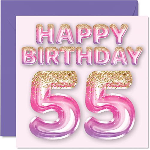 Stuff4 55th Birthday Card for Women - Pink & Purple Glitter Balloons - Happy Birthday Cards for 55 Year Old Woman Mom Nanny Grandma Gran Auntie, 5.7 x 5.7 Inch Fifty-Five Fifty-Fifth Bday Greeting Cards Gift - Image 1