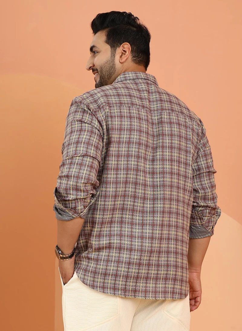 Instafab Plus Instafab Plus Men's Coin Grey Tartan-Weave Regular Shirt For Casual Wear | Spread Collar | Long Cuffed Sleeves | Button Closure | Plus Size Shirt Crafted With Comfort Fit For Everyday Wear