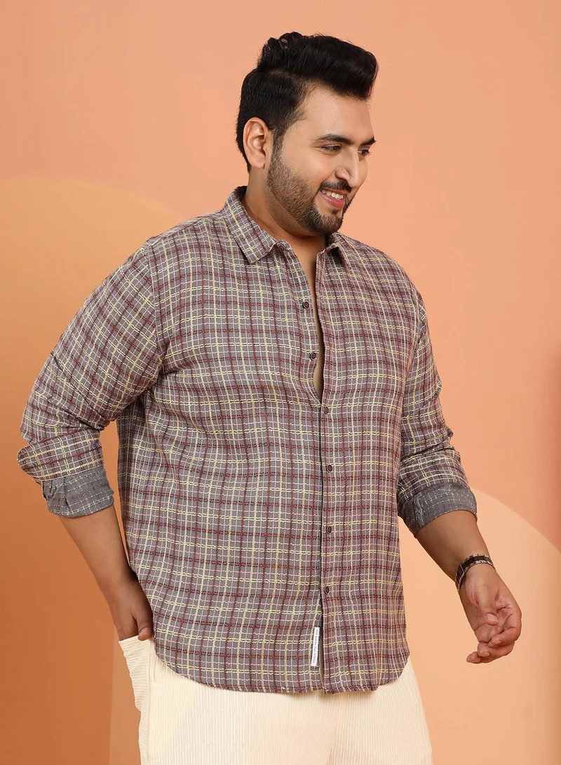 Instafab Plus Instafab Plus Men's Coin Grey Tartan-Weave Regular Shirt For Casual Wear | Spread Collar | Long Cuffed Sleeves | Button Closure | Plus Size Shirt Crafted With Comfort Fit For Everyday Wear